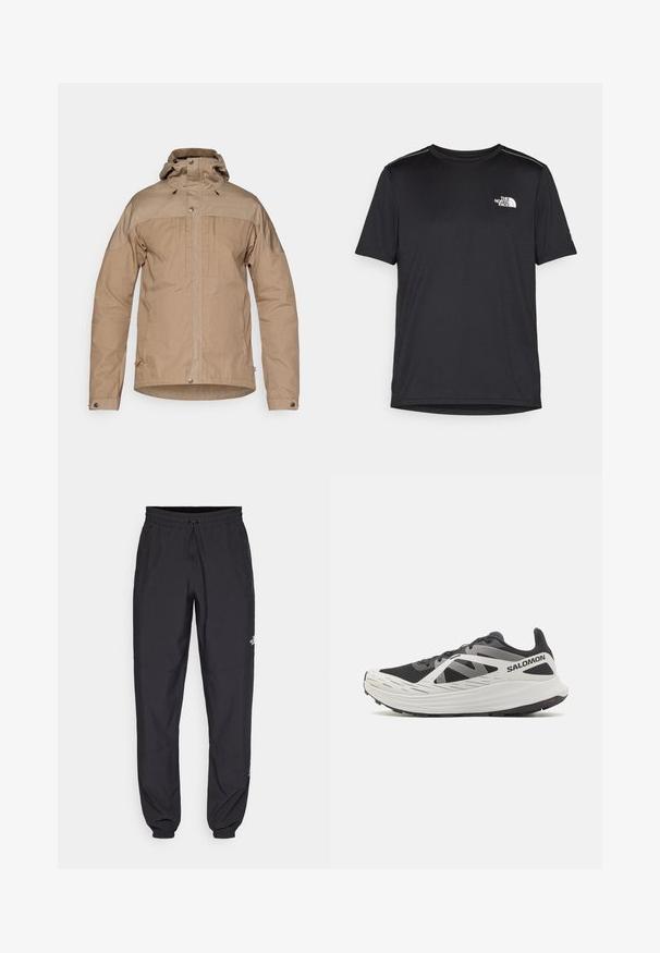 Světle hnědá bunda s vysokým límcem, zapínáním na zip, patentkami a stahovací kapucí. Vyrobena z texturované tkaniny s kontrastními ramenními panely.; Černé tričko s krátkým rukávem vyrobené z lehkého materiálu. Má malé bílé logo na levé části hrudi a decentní akcenty na ramenech.; Černé sportovní kalhoty vyrobené z lehké tkaniny, s páskem na šňůrku, bočními kapsami a zúženými manžetami na kotnících.; Černobílé sportovní boty s mesh svrškem, zesílenou patou a lehkým polstrováním. Jsou vybaveny kontrastními pruhy a texturovanou podrážkou.