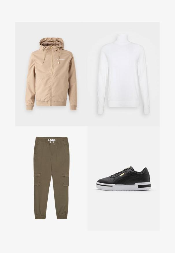 Beige zip-jakke med hætte, snoretræk, elastiske manchetter og i kanten. Har "JACK&JONES" logo i hvidt på venstre brystområde.; Hvid turtleneck sweater med lange ærmer, lavet af glat stof. Har et tætsiddende design og ribbede manchetter og kant. Ingen mønstre eller accenter.; Khaki cargo bukser med elastisk linning og snor, med sidelommer og manchetter ved anklerne. Fremstillet af et tekstureret, let materiale.; Sort lædersneaker med hvid mellemsål, perforeret tå, guld logo detalje, polstret krave og kontrasterende sorte accenter på siden.