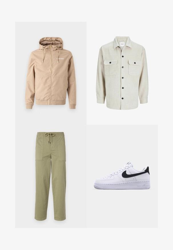Beige zip-jakke med hætte, snoretræk, elastiske manchetter og i kanten. Har "JACK&JONES" logo i hvidt på venstre brystområde.; Beige flannel skjorte med krave, der har to brystlommer, sorte knapper og lange ærmer med knapmanchetter.; Lys olivengrønne bukser lavet af en bomuldsblanding, med elastisk talje med snor og to store sidelommer.; Hvide lædersneakers med en struktureret sort Swoosh, flade snørebånd og en gummisål med et rillemønster. "AIR" er præget på hælen.