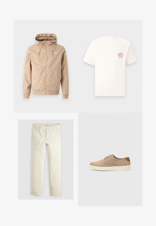 Beżowa kurtka zapinana na zamek z kapturem, sznurkami, elastycznymi mankietami i dołem. Posiada biały logo "JACK&JONES" na lewej części klatki piersiowej.; Biała koszulka z krótkim rękawem z czerwonym napisem "Studio Originals Edition" po lewej stronie klatki piersiowej, wyeksponowana na neutralnym szarym tle.; Jasno beżowe luźne spodnie z trzema kieszeniami, paskami na pasek oraz prostym krojem nogawki. Wykonane z miękkiej mieszanki bawełny.; Beżowe zamszowe sneakersy z okrągłym noskiem, sznurowanym przodem i teksturowanym akcentem na tyle. Biała gumowa podeszwa tworzy kontrast. Prosty i nowoczesny design.