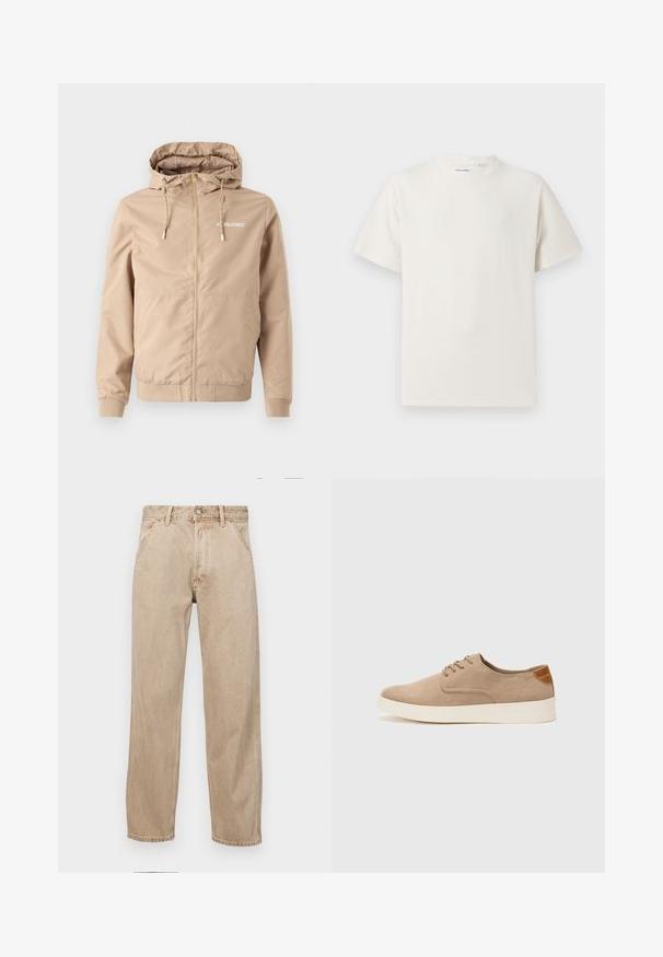Beige Zip-Jacke mit Kapuze, Kordelzügen, elastischen Bündchen und Saum. Auf der linken Brustseite befindet sich das "JACK&JONES"-Logo in Weiß.; Weißes T-Shirt mit kurzen Ärmeln in gerippter Textur. Runder Ausschnitt, lockere Passform, keine sichtbaren Muster oder Akzente. Einfaches und vielseitiges Design.; Beige Denim-Jeans mit geradem Beinschnitt, ausgestattet mit Vordertaschen, einem Metallknopfverschluss und feiner Textur.; Beige Wildleder-Sneaker mit runder Zehenpartie, Schnürung und strukturiertem Rückenteil. Die weiße Gummisohle sorgt für einen Kontrast. Einfaches und modernes Design.