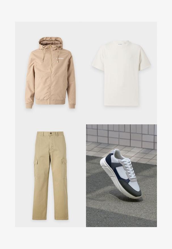 Bežová bunda na zips s kapucňou, sťahovacími šnúrkami, elastickými manžetami a lemom. Na ľavej strane hrude sa nachádza logo "JACK&JONES" v bielej farbe.; Biela krátka tričko s krátkym rukávom so žebrovanou textúrou. Okrúhly výstrih, uvoľnený strih, žiadne viditeľné vzory ani akcenty. Jednoduchý a všestranný dizajn.; Bežové cargo nohavice vyrobené z bavlny, s dvoma bočnými vreckami, zapínaním na gombík a rovným strihom s mierne textúrovanou tkaninou.; Biele, námornícke a šedé tenisky s kombinovaným materiálom, so štruktúrovaným zvrškom, plochými šnúrkami a polstrovanou podošvou.