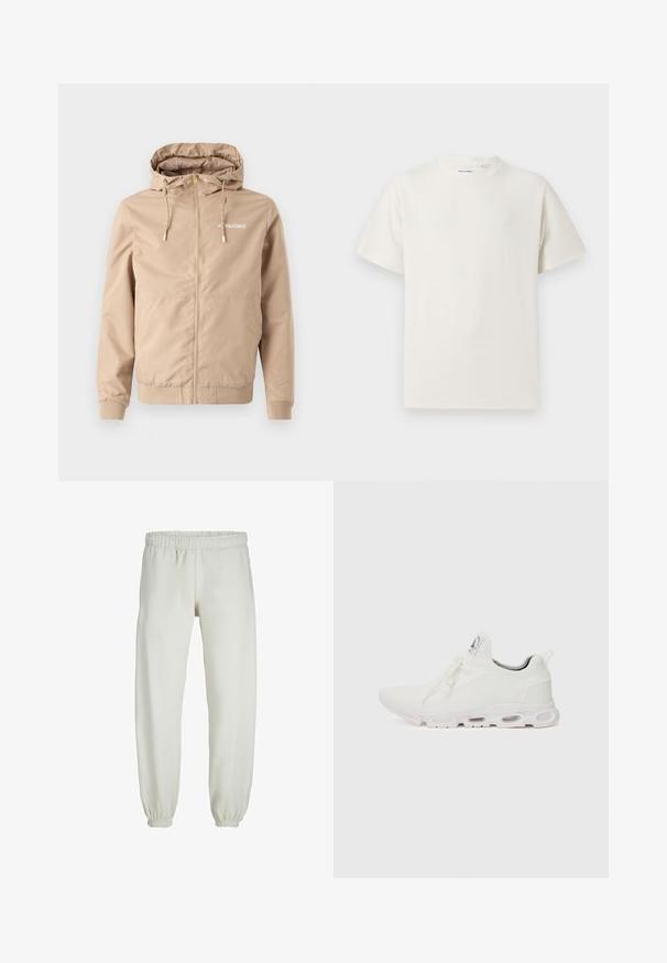 Giacca beige con zip e cappuccio, con lacci, polsini ed orlo elastici. Presenta il logo "JACK&JONES" in bianco nella parte sinistra del petto.; T-shirt bianca a maniche corte in texture a coste. Girocollo, vestibilità rilassata, senza modelli o accenti visibili. Design semplice e versatile.; Pantaloni tuta bianchi realizzati in tessuto morbido, dotati di vita e polsini elastici, con una texture liscia e una vestibilità ampia.; Scarpe atletiche bianche con tomaia in maglia testurizzata, lacci piatti e una suola ammortizzata con camere d'aria visibili per un supporto aggiuntivo.