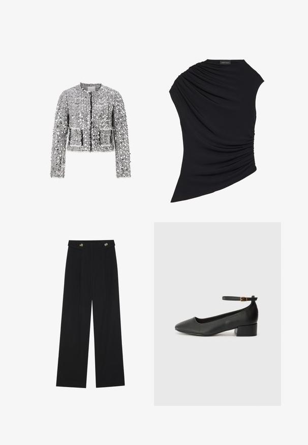 Zilveren paillettenjas met lange mouwen, korte snit en twee voorzakken. Heeft een ronde halslijn en een open front zonder sluitingen.; Zwarte mouwloze top met een gedrapeerd ontwerp, featuring gestructureerde ruche aan de ene kant en een iets asymmetrische zoom. Gemaakt van zachte stof.; Zwarte wijde broek met hoge taille, knoopdetails op de tailleband en plooien aan de voorkant.; Zwarte leren pump met een spitse neus en een lage blokhak. Beschikt over een enkelband met een goudkleurige gespsluiting. Gladde textuur.
