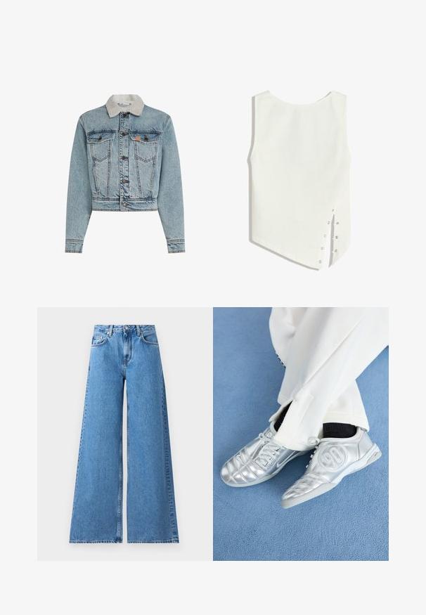 Trafal denimjacka i ljusblått. Har en faux shearling-krage, knappstängning, två bröstfickor och en blekt textur med sömdetaljer.; Vit ärmlös topp med rundad halsringning, asymmetrisk fåll och tryckknappar på sidan för stängning. Slät, lätt vikt tyg.; Breda blå denimjeans med hög midja, med en klassisk femficksdesign och sömmar längs sidorna för extra detalj.; Silverfärgade träningsskor med en slät, glänsande yta, med en sömnaddesign och siffran 90 på sidan, ihop med vita byxor.