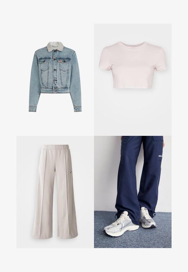 Beskåret denimjakke i lyseblå. Har en falsk shearlingkrave, knaplukninger, to brystlommer og en falmet overflade med stikninger.; Lyserød cropped T-shirt, lavet af blødt stof. Har rund halsudskæring og korte ærmer med et lille hvidt Nike-logo på brystet.; Lys grå, vide bukser lavet af glat stof. Har et elastisk talje bånd og sort Nike-logo på venstre side.; Nike sportssko med en sølvfarvet mesh-overdel, hvide detaljer og strukturerede såler, parret med løstsiddende navy bukser.