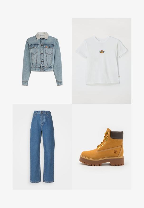 Beskåret denimjakke i lyseblå. Har en falsk shearlingkrave, knaplukninger, to brystlommer og en falmet overflade med stikninger.; Hvid bomulds t-shirt med et rundt logo med flerfarvede accenter. Korte ærmer og rund halsudskæring, med et lille mærke ved kanten.; Højtaljede, lige ben blå jeans med en falmet finish. Har fem lommer, en knaplukning og subtile stikninger.; Tan vandtæt ankelstøvle med en robust gummisål, rund tå, brun læderkrave, gule snørebånd og et logo på siden.