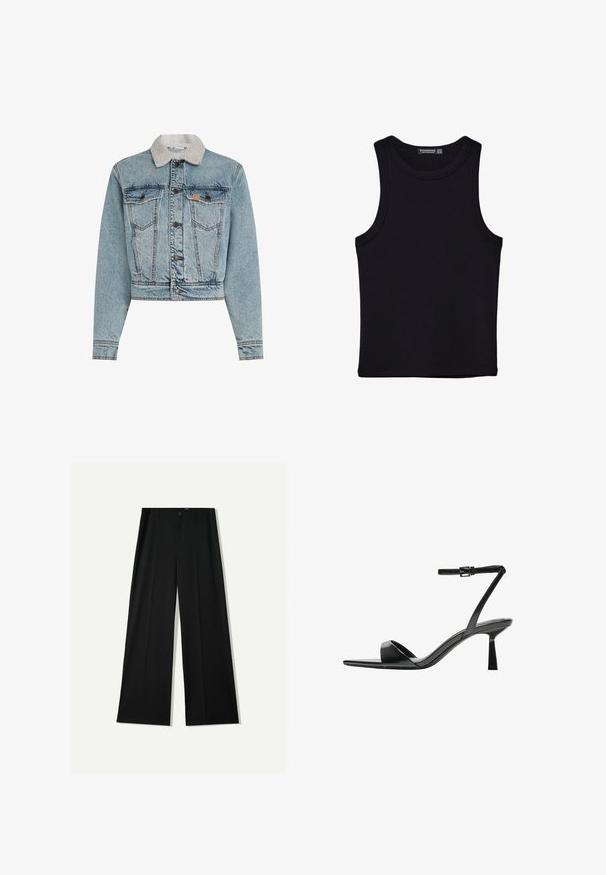 Beskåret denimjakke i lyseblå. Har en falsk shearlingkrave, knaplukninger, to brystlommer og en falmet overflade med stikninger.; Sort tank top lavet af bomuld, med rund halsudskæring og brede armhuller. Glat tekstur med syede kanter. Klassisk, minimalistisk design.; Bershka WIDE - Bukser - black; Bershka Højhælede sandaletter / Højhælede sandaler - black