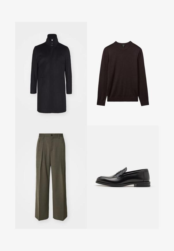 Črn volnen plašč z visokim ovratnikom, dvema sprednjima žepoma in zapiranjem na tri gumbe. Ravna kroja in gladke teksture, minimalističen dizajn.; Reiss Pulover - dark bordeaux; Filippa K WIDE TROUSERS - Hlače - driftwood; Črne usnjene loafer čevlje z gladko teksturo, zaobljenim nosom in dekorativnim trakom čez zgornji del. Nizka zložena peta, minimalističen dizajn.