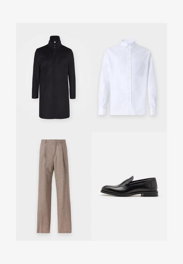 Manteau en laine noire avec un col montant, deux poches avant et une fermeture à trois boutons. Coupe droite et texture lisse, design minimal.; Chemise blanche à manches longues avec boutons en coton, présentant une poche poitrine avec broderie ton sur ton, un col et des poignets boutonnés.; Pantalons marron taille haute en tissu texturé. Présente des jambes larges et deux plis avant pour la structure. Finition soignée sans matériel visible.; Mocassins en cuir noir avec une texture lisse, bout rond et une sangle décorative sur le dessus. Talon bas empilé, design minimaliste.