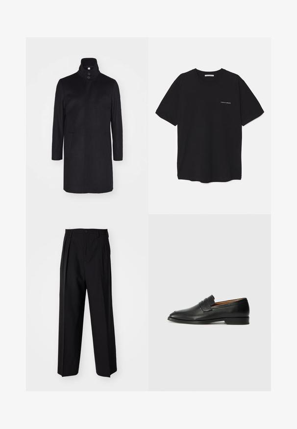 Palton negru din lână cu guler înalt, două buzunare frontale și închidere cu trei butoane. Croi drept și textură netedă, design minimal.; Tricou din bumbac negru, cu guler rotund, mâneci scurte și un imprimeu alb cu logo pe partea stângă a pieptului. Design simplu, de culoare uniformă.; Pantaloni negri plisat cu un design drept și pantaloni largi. Construiți dintr-un material neted, prevăzuți cu închidere cu nasture și bucle pentru curea.; Lofer din piele neagră, cu vârf rotund, detalii cusute subtile și toc jos, având o textură netedă și un design minimalist.