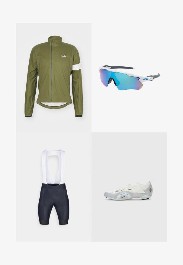 Rapha - Kurtka rowerowa; Brązowa koszulka kolarska z krótkim rękawem i pełnym zamkiem błyskawicznym, z białymi odblaskowymi paskami i siateczkowymi akcentami. Logo marki widoczne z przodu.; Męskie spodenki kolarskie z białymi szelkami, wykonane z elastycznej tkaniny; kolor granatowy z wyściełanym siedziskiem dla komfortu i minimalną ilością szwów.; Białe i srebrne buty rowerowe z siateczkową cholewką, teksturowanymi akcentami, regulowanymi paskami oraz gumową podeszwą zapewniającą przyczepność i stabilność.; Okulary przeciwsłoneczne z białą oprawą, szarymi akcentami i niebieskimi lustrzanymi soczewkami. Sportowy design, kształt otaczający, z regulowanymi noskami.