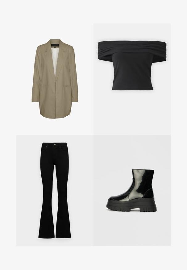 Heled khaki bleiser, milleeritud silueti, lõigatud lapelid ja kaks küljetaskut. Vooderatud sisemus vertikaalse vöötmustriga. Pikkade varrukatega.; Mustikam ja õlavarrelt avatud pluus, millel on kortsunud tekstuur kaelaäärtes, lühikesed varrukad ja käänuline lühike disain. Valmistatud paindlikust materjalist.; Mustad kõrge vöökohtadega teksad, millel on nööp ja lukuga sulgemine, esikäe taskud ja laienevad sääred, asetatud tasasele valgele taustale.; Must mustakate läikiv ankle boot paksu lõkkeka üle ja ümarate varvastega, külgvaates halli ühtlase taustal.