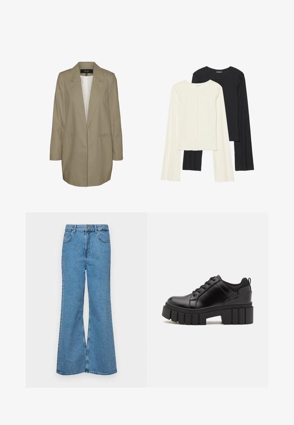 Šviesiai chaki spalvos bleizeris su pritaikytu siluetu, su įpjovomis apykaklėmis ir dviem šoninėmis kišenėmis. Vidus išklotas vertikaliu dryžuotu raštu. Ilgos rankovės.; Dviejų ilgomis rankovėmis marškinėlių rinkinys, baltas ir juodas. Raukšlėta tekstūra, apvalus kaklas, prigludusi forma su šiek tiek platėjančiomis rankovėmis.; Šviesiai mėlynos flared džinsai, pagaminti iš džinsinio audinio, su aukštu liemeniu, penkiomis kišenėmis ir vienu mygtuko užsegimu. Minkštas paviršius su išblukusiu efektu.; Juodi odiniai platformos batai su masyviu blokuota kulniuku, apvalia nosimi ir tradiciniu šnypštimo dizainu. Turintys glotnų paviršių ir minimalų dekoravimą.