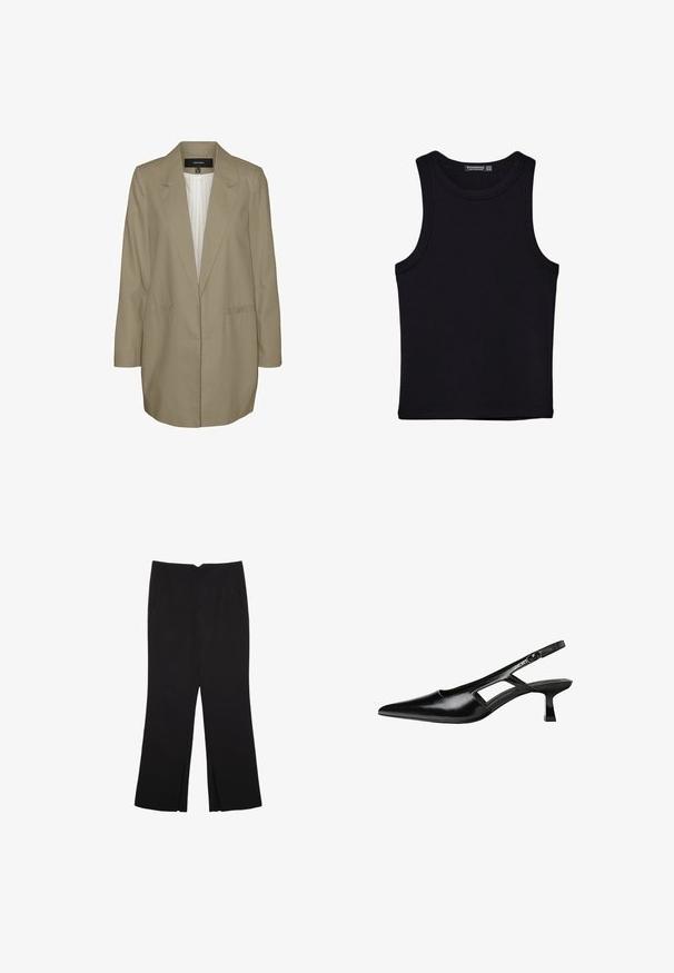 Svetlo bež blazer s krojem po meri, z izrezom in dvema stranskima žepoma. Podložena notranjost z vertikalnim črtastim vzorcem. Dolgi rokavi.; Črna majica brez rokavov iz bombaža, z okroglim izrezom in širokimi odprtinami za roke. Gladka tekstura s šivi na robovih. Klasičen, minimalističen dizajn.; Črne hlače ravnega kroja z naglavnimi žepi in stranskimi razporki na robu. Narejene iz mehke, gladke tkanine. Primerne za različne priložnosti.; Črne patentični usnjeni salonarji s slingback designom, z zašiljenim nosom, izrezanim stranskim dizajnom in majhnim kvadratnim peto. Gladka tekstura z minimalnimi detajli.