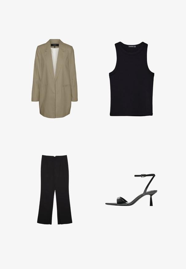 Svetlo bež blazer s krojem po meri, z izrezom in dvema stranskima žepoma. Podložena notranjost z vertikalnim črtastim vzorcem. Dolgi rokavi.; Črna majica brez rokavov iz bombaža, z okroglim izrezom in širokimi odprtinami za roke. Gladka tekstura s šivi na robovih. Klasičen, minimalističen dizajn.; Črne hlače ravnega kroja z naglavnimi žepi in stranskimi razporki na robu. Narejene iz mehke, gladke tkanine. Primerne za različne priložnosti.; Bershka Sandali z visoko peto - black
