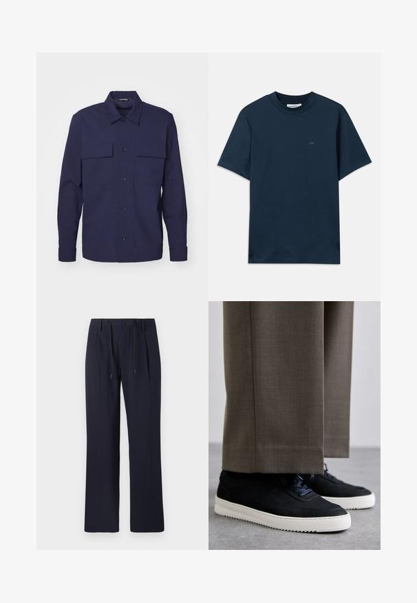 Granatowa koszula zapinana na guziki z dwiema kieszeniami na piersiach, długimi rękawami i klasycznym kołnierzykiem. Wykonana z gładkiego materiału o strukturalnym designie.; Granatowa bawełniana koszulka z okrągłym dekoltem, krótkim rękawem i subtelnym logo nadrukowanym na piersi. Gładka faktura i klasyczny krój.; Granatowe spodnie o prostym kroju, wykonane z teksturowanej tkaniny. Posiadają zapięcie na guzik z przodu oraz regulowany ściągacz w talii.; Czarne zamszowe sneakersy z białymi gumowymi podeszwami, z zaokrąglonym noskiem i sznurówkami, noszone z szarymi dopasowanymi spodniami.