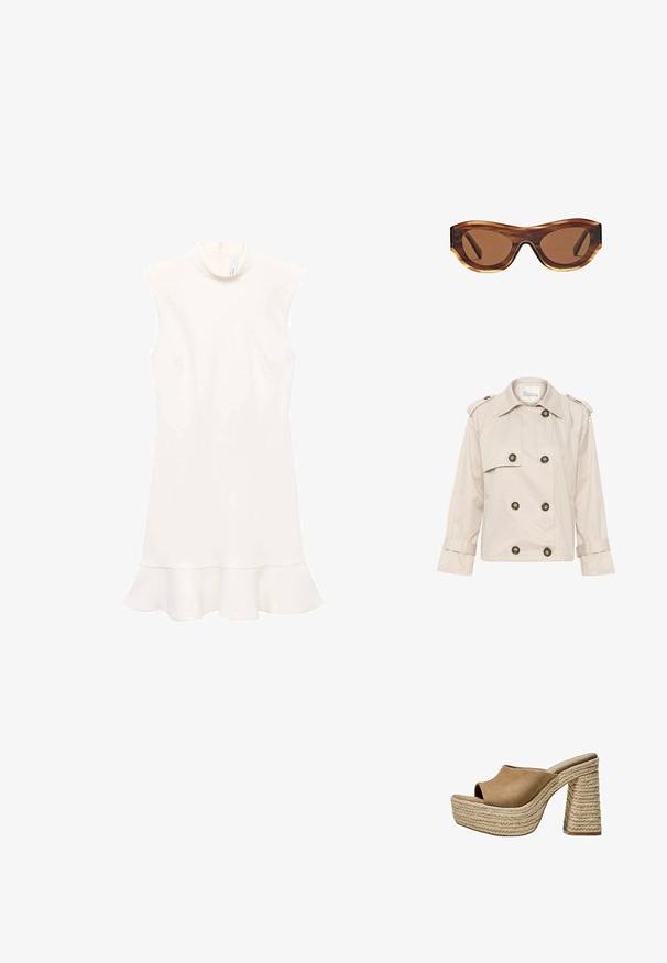 Beige dobbelbrystet trench-jacket lavet af bomuld med guldfarvede knapper, skulderlapper og opsmøgede ærmer. Glat texture.; Hvid ærmeløs kjole med høj hals, der har en bredet kant og en glat tekstur. Enkel design uden mønstre eller synligt hardware.; Brune ruskinds platformmules med åben tå, der har en chunky flettet jutehæl og et glat, rundet overdesign.; Solbriller med skildpadde-skal ramme, brune gradient-linser og en elegant katteøje-form. Fremstillet af letvægtsplastik med en blank finish.; Vevet brun håndtaske med rektangulær form, struktureret håndtag og tekstureret overflade. Har en lukket top og et indviklet vævemønster.