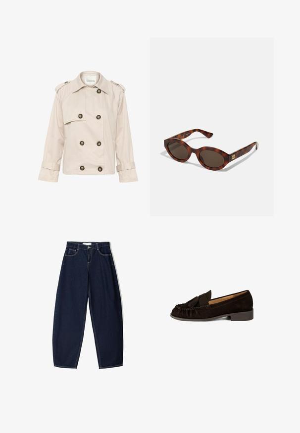 Beige dubbelzijdige trenchcoat van katoen met gouden knopen, schouderepauletten en opgerolde manchetten. Gladde textuur.; Massimo Dutti STRIPED WITH REMOVABLE BANDANA - Trui - beige; Donkerblauwe denim broek met een losse fit, voorzien van vijf zakken, contrasterende stiksels en een ritsluiting aan de voorkant.; Brown suede instappers met een ronde neus, geplooide details en een kleine kwastaccent. Heeft een lage, iets verhoogde hak.; Schildpadbril met ronde montuur, donkere lenzen en gouden logo-detailering op de achterste pootjes. Glad kunststof materiaal, zonder zichtbare patronen.