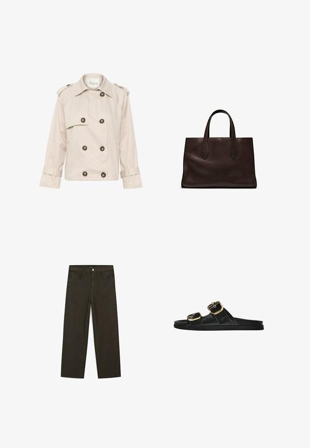 Beige dobbelbrystet trench-jacket lavet af bomuld med guldfarvede knapper, skulderlapper og opsmøgede ærmer. Glat texture.; Brun bomulds t-shirt, korte ærmer, rund halsudskæring, afslappet pasform, glat tekstur, minimalistisk design, ingen synlige mønstre eller accenter.; Mørkegrønne brede jeans lavet af en bomuldsblanding, med en frontlukning med knap, fem lommer og klassisk denim-syning.; Sort skridsandal med to guldspænder, glat tekstureret materiale, flad sål og et minimalistisk design.; Brun læder tote bag med to forlængede håndtag, struktureret rektangulær form, glat overflade og subtile syninger.