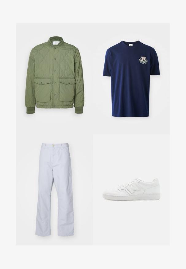 Roheline tikandiga jakk, millel on ümmargune kaelus, nööbid, kaks eesmist taskut ja soonikkoes mansetid, valmistatud kergest materjalist.; Tumesinine puuvillane t-särk lühikeste varrukatega, ümar kaelus ja tikandlogo, millel on loorberivõrsed vasakul rinnal.; Heledad sinine sirge säärega puuvillased püksid. Omavad esipocketit, tõmblukkude sulgemist ja üht metallist nööpi vöökohtadel.; Valged spordijalatsid, mis on valmistatud siledast nahast, sisaldavad aukudega varbaosa, tekstureeritud kummist tallat, lamedaid paelu ja silmapaistvat 'N' logo küljel.