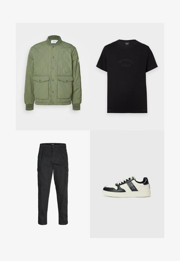 Zöld steppelt dzseki kerek gallérral, patentgombokkal, két elülső zsebbel és bordás mandzsettákkal, könnyű anyagból készült.; Fekete pamut póló rövid ujjakkal és kerek nyakkivágással. Az elején tónusos betűkkel a "ORIGINALS Studio" felirat látható.; Fekete cargo nadrág, amely tartós anyagból készült, több zsebet tartalmaz, gombos záródással rendelkezik, és karcsú szabású, szűkített lábakkal bír.; Fekete és krém színű bőrsneaker, perforált díszítésekkel, párnázott bokapánttal és texturált talppal.
