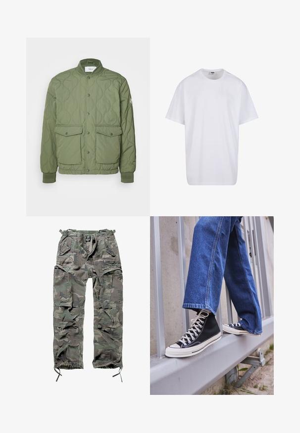 Giubbotto imbottito verde con colletto rotondo, bottoni a pressione, due tasche frontali e polsini a coste, realizzato in materiale leggero.; Maglietta bianca in cotone con maniche corte, scollatura rotonda, vestibilità comoda e senza loghi o motivi visibili. Texture liscia e design minimale.; Pantaloni cargo mimetici in verde e grigio, con numerose tasche, vita elasticizzata, polsini regolabili e una vestibilità rilassata.; Scarpe da ginnastica nere alte con suola e lacci bianchi, abbinate a jeans di denim blu larghi, appoggiate su un parapetto grigio.