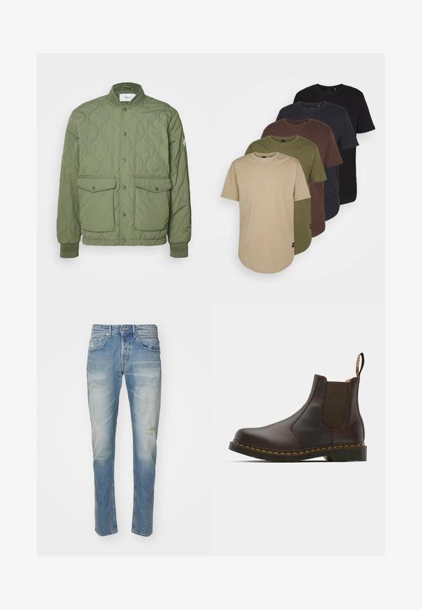 Zelená prošívaná bunda s kulatým límcem, patentkami, dvěma předními kapsami a žebrovanými manžetami, vyrobená z lehkého materiálu.; Pět triček uspořádaných ve barevném gradientu: béžová, olivově zelená, hnědá, tmavě modrá a černá. Vyrobená z měkké bavlny, s krátkými rukávy a kulatým výstřihem.; Světle modré džíny z denimu s vybledlým povrchem, jemné opotřebení na kolenou, rovný střih, pět kapsového stylu a kovové zapínání.; Hnědé kožené Chelsea boty s elastickými bočními panely, texturovaným podpatkem a kontrastním žlutým prošíváním. Mají poutko pro snadné obouvání.