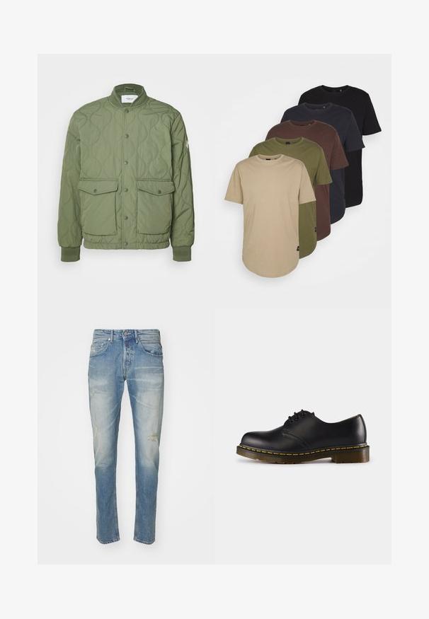 Jachetă verde matlasată cu guler rotund, nasturi tip snap, două buzunare frontale și manșete ribbate, realizată dintr-un material ușor.; Cinco tricouri aranjate în culori gradiente: bej, oliv, marron, albastru închis și negru. Fabricate din bumbac moale, cu mâneci scurte și guler rotund.; Blugi din denim de culoare albastră deschisă cu un finisaj ușor decolorat, ușor deteriorați la genunchi, design drept, stil cu cinci buzunare și închidere cu nasture metalic.; Pantof de piele neagră cu vârful rotunjit, design cu șireturi, cusătură galbenă de-a lungul tălpii și o talpă din cauciuc texturat, masivă.