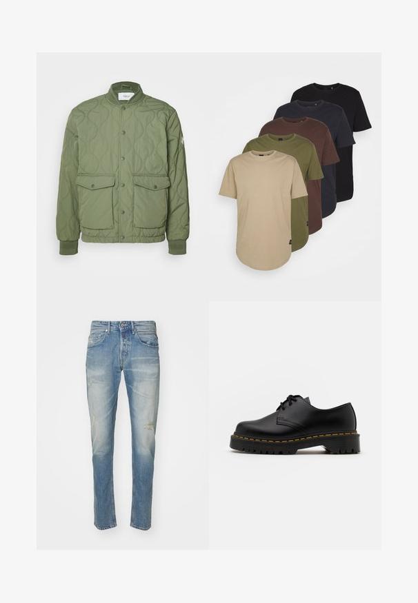 Grøn quilted jakke med rund krave, trykknapper, to frontlommer og ribbede manchetter, lavet af letvægtsmateriale.; Fem t-shirts arrangeret i gradientfarver: beige, olivengrøn, brun, mørkeblå og sort. Lavet af blød bomuld med korte ærmer og rund hals.; Lyseblå denimjeans med falmet finish, diskret slid ved knæene, lige ben-design, fem-lommers stil og metalknaplukning.; Sort læder snøresko med en rund tå, tekstureret gummisål og gule stikninger omkring bunden. Flad design og glat finish.