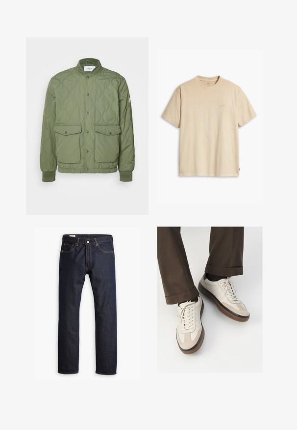 Green quilted jacket featuring a round collar, snap buttons, two front pockets, and ribbed cuffs, made from lightweight material.; Beige cotton t-shirt with a round neck and short sleeves. Features a subtle "Levi's" logo in the same color on the chest. Soft texture.; Dark blue denim jeans featuring a straight leg design, orange stitching, and five-pocket styling with a metal button closure.; Beige sneakers with a textured suede front, smooth leather sides, and a brown rubber sole. Laces and light stitching detail included.