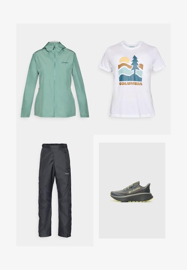 Kerge mündiroheline vihmajaak täis tõmblukuga, reguleeritava kapuutsiga ja elastsete mansettidega. Esiküljel on logo detail. Sile, veekindel materjal.; Valge lühikeste varrukatega T-särk, mille esiküljel on graafika päikesest, puust, mägedest ja sõnast "Columbia" pruunides tähtedes.; Berghaus DELUGE 2.0 - Õuepüksid - black; Columbia KONOS - Matkajalatsid - city grey/citron haze