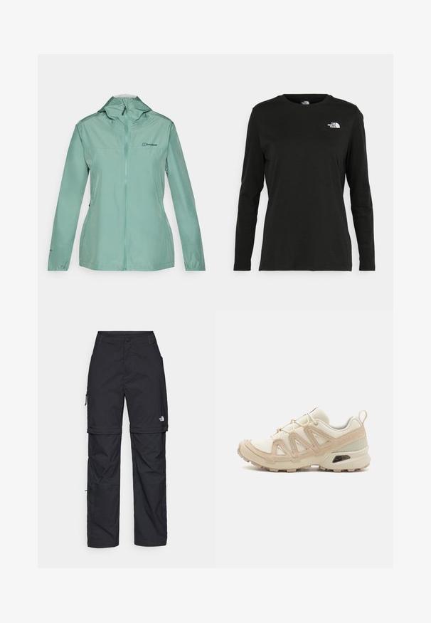 Könnyű, menta zöld esőkabát teljes zipzárral, állítható kapucnival és rugalmas mandzsettákkal. Elülső logó részlet jellemzi. Simább, vízlepergető anyag.; Fekete, hosszú ujjú póló pamutból, kerek nyakkal. A bal mellrészen egy kis fehér logó található. Egyszerű dizájn és szabás.; Fekete nylon zipzáras cargo nadrág állítható mandzsettával, több zsebbel és logóval a jobb lábon. Simább, könnyű textúra.; Beige és krém színű sportcipő, texturált hálós felsőrésszel, támogató burkolattal és gumitalppal, amely tapadás érdekében bordázott mintázattal rendelkezik.