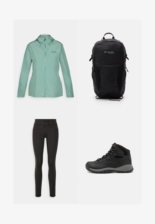 Lekki, miętowo zielony płaszcz przeciwdeszczowy z pełnym zamkiem błyskawicznym, regulowanym kapturem i elastycznymi mankietami. Posiada detal z logo z przodu. Gładki, wodoodporny materiał.; Czarny t-shirt Columbia z białą okrągłą grafiką gór i rzeki oraz napisem "Columbia Sportswear Company Outside Since 1938."; Czarne legginsy z wysokim stanem, sznurkiem do regulacji, gładką teksturą i dopasowanym krojem. Posiadają detale w postaci przeszyć po bokach.; Czarne buty trekkingowe z średnim cholewem, z teksturowaną cholewą, szarymi akcentami oraz trwałą gumową podeszwą z wypustkami zapewniającymi przyczepność.; Czarny plecak Columbia Titanium z gładką teksturą materiału, bocznymi kieszeniami, górnym uchwytem i regulowanymi paskami. Minimalistyczny design z subtelnym logo.