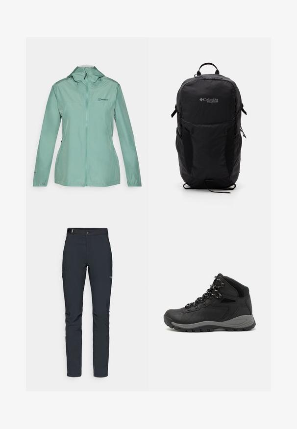 Lettvekts mintgrønn regnjakke med full glidelås, justerbar hette og elastiske mansjetter. Har detalj med logo foran. Glatt, vannavvisende materiale.; Svart Columbia t-skjorte med hvit sirkulær fjell- og elvlinjekunst og tekst "Columbia Sportswear Company Outside Since 1938."; Herre utendørsbukser, mørkegrå, laget av fleksibelt materiale, med belte, glidelåslommer og forsterkede sømmer.; Sorte turstøvler med mid-topp design, som har en teksturert overdel, grå detaljer og slitesterk gummisåle med godt grep.; Svart Columbia Titanium ryggsekk med en glatt stoffoverflate, sidelommer, topphåndtak og justerbare stropper. Minimalistisk design med subtil merkevare.