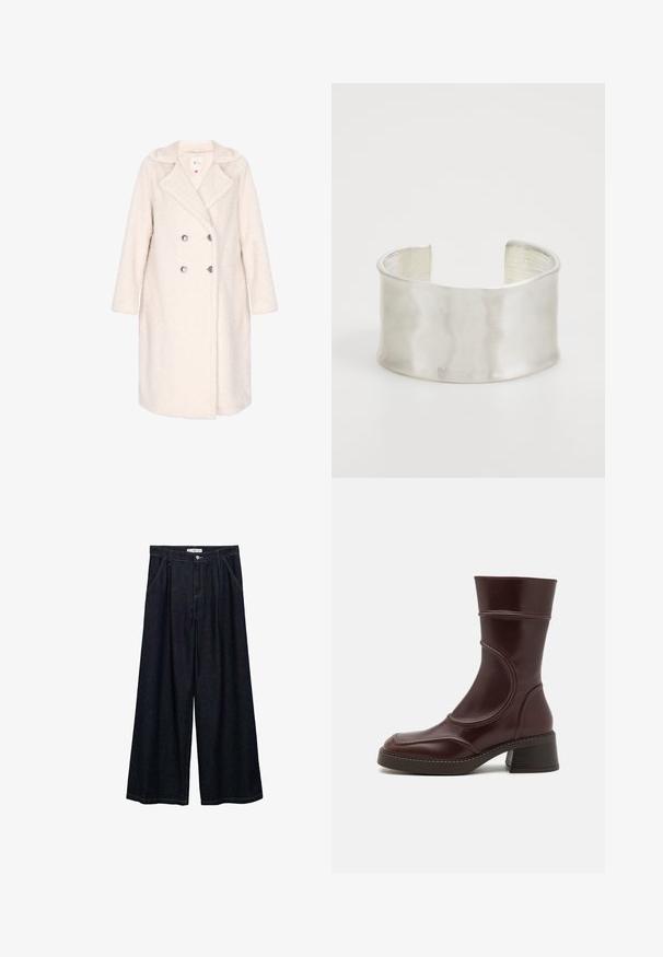 Dobbeltknappet frakke i blødt off-white stof, der har en tekstureret overflade, slidsekrave og sølvknapper. Lange ærmer og knælængde design.; Lys beige kortærmet striktop med fastgjort tørklædsdetalje draperet omkring halsudskæringen.; Mørk denim bredbenede bukser med høj talje, der har en frontlukning med knap, to sidelommer og syningsdetaljer.; MIISTA MALENE - Støvletter - brown; Zign Armbånd - silver-coloured