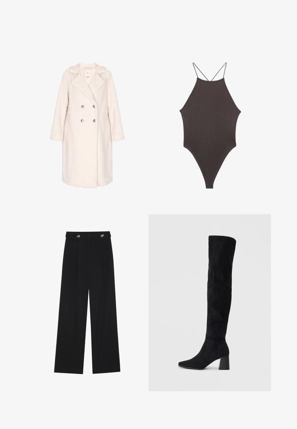 Dobbeltknappet frakke i blødt off-white stof, der har en tekstureret overflade, slidsekrave og sølvknapper. Lange ærmer og knælængde design.; Brun højhalset heldragt badedragt med tynde, justerbare stropper; har højt skåret ben og glat tekstur. Ingen mønstre eller udsmykninger.; Sorte vide bukser med høj talje, knapdetaljer på taljebåndet og frontfald.; Sorte ruskind støvler i knæhøjde med blokheel, spids tå og glat, sømløs design på en enkel lys baggrund.