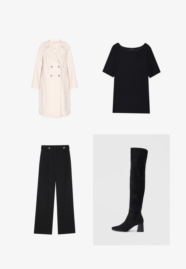 Dviejų eilučių paltas minkštos kreminės spalvos audinio, turintis tekstūruotą paviršių, įpjautą apykaklę ir sidabriškas sagas. Ilgos rankovės ir kelių ilgio dizainas.; Juoda trumpomis rankovėmis marškinėliai su plačiu iškirpimu. Pagaminti iš švelnios, lengvos medžiagos. Paprastas dizainas be raštų ar akcentų.; Juodi plačios kojos kelnės su aukštu liemeniu, sagų detalėmis ant liemens ir priekinėmis raukšlėmis.; Juoda zomšinė kelio ilgio batai su blokuotu kulnu, smailiu nosiu ir lygiu, be siūlių dizainu ant paprastos šviesios fono.