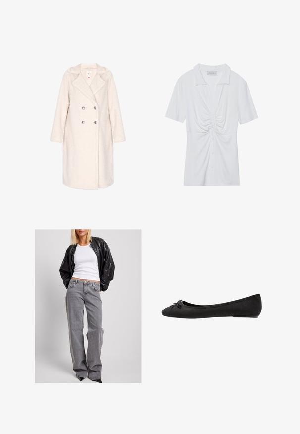 Kaksirivinen takki pehmeästä off-white-kankaasta, jossa on rakennepintainen ulkopinta, lovettu kaulus ja hopeiset napit. Pitkät hihat ja polvenmittainen malli.; Valkoinen lyhythihainen paita, jossa on kaulus ja etuosa, jossa on kierretty solmu sekä napitettava etuhalkio. Suora riipusmateriaali.; Musta nahkabomberitakki, valkoinen ribbipaita ja korkeavyötäröiset harmaat farkut, joissa on väljä malli, huomaamattomat tikkaukset ja koristeelliset taskut.; Mustat nahan ballet-kengät, joissa on pyöreä varvas, etuosassa koristeellinen sulka ja litteä pohja. Silkkinen pinta ja klassinen muoto.