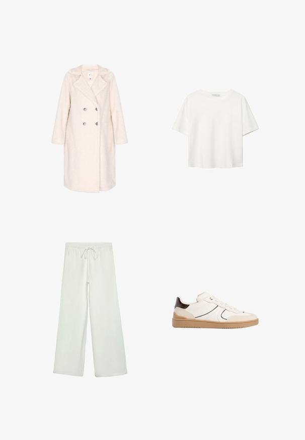 Dvojradový kabát z mäkkej krémovej látky, s textúrovaným povrchom, klopovým golierom a striebornými gombíkmi. Dlhé rukávy a dĺžka po kolená.; Biela krátkopsová tričko vyrobené z bavlny. Má okrúhly výstrih a voľný strih. Hladká textúra bez viditeľných vzorov alebo akcentov.; Biele nohavice s širokými nohavicami vyrobené z mäkkej tkaniny. Majú elastický pás s šnúrkou a hladký povrch. Žiadne viditeľné vzory ani kovania.; Stradivarius Tenisky - white