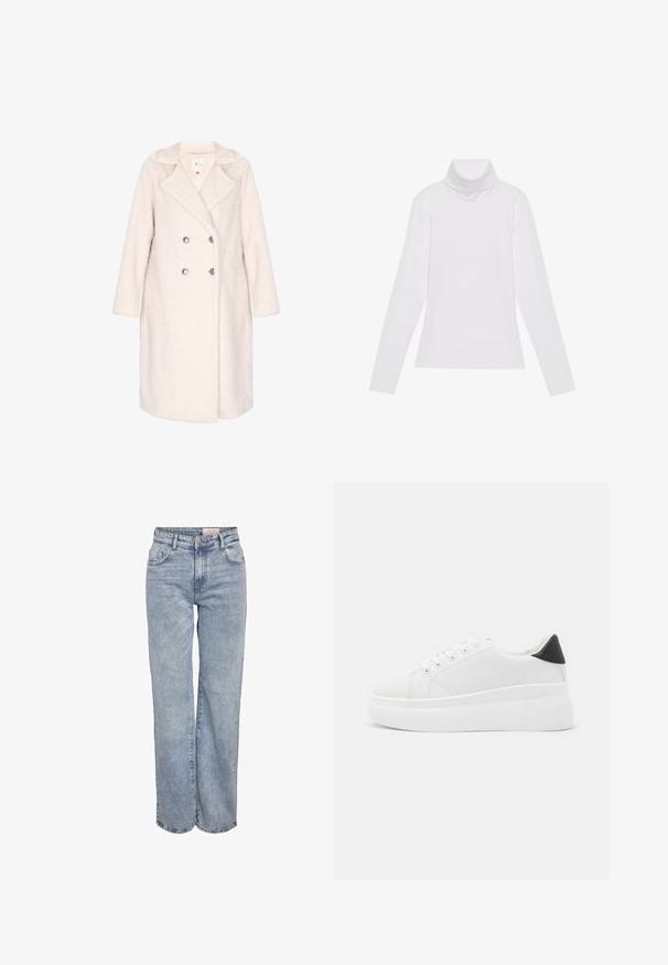 Dubultā mēteļa apģērbs no mīksta oficiāli baltā auduma, ar teksturētu virsmu, izgriezumu apkakli un sudraba pogām. Garas piedurknes un ceļgalu garuma dizains.; Balts garie piedurknēm turtlenecks krekls, izgatavots no gludas, elastīgas auduma. Iezīmē augstu apkakli un pielāgotu dizainu, bez redzamām rakstainām vai rotājumiem.; Gaiši zili platlapu džinsi, izgatavoti no denima, ar augstu jostasvietu, piecu kabatu dizainu un vieglu nolietojuma efektu.; Baltas platforma kedas, izgatavotas no gludas sintētiskas vielas, ar noapaļotu purngalu, saites dizainu un teksturētu gumijas zoli. Melna papēža akcenta detaļa.