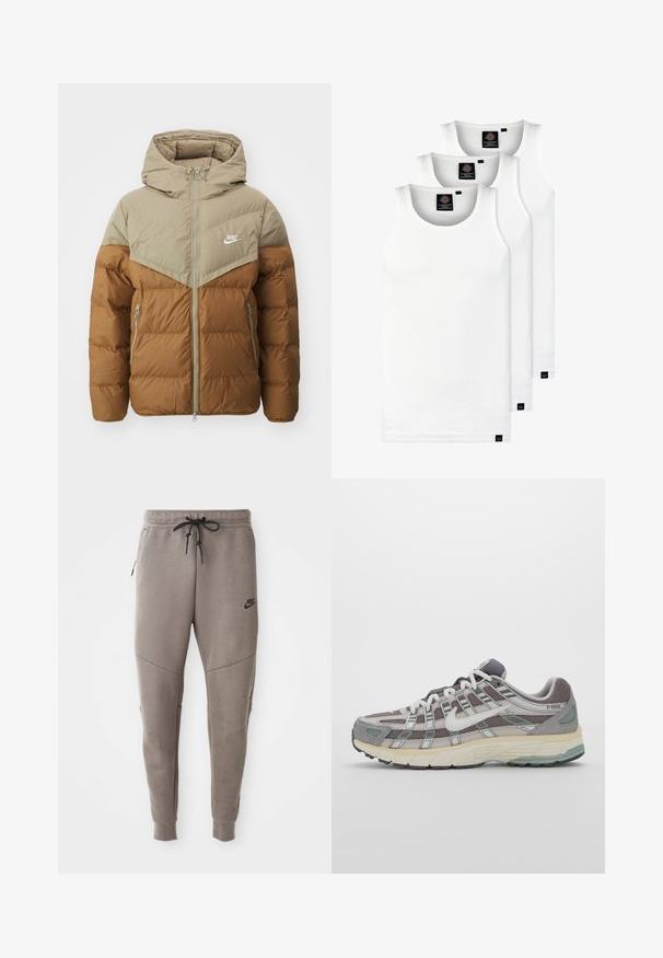 Nike Sportswear PRIMALOFT - Casaco de inverno - khaki/light british tan/sail; Três tops em algodão de alças brancas com nervuras. Apresentam um decote redondo e pequenas etiquetas pretas perto da bainha. Disponíveis em vários tamanhos.; Calças de treino cinzentas da Nike com um cós elástico ajustável, pernas ajustadas, bolsos laterais e pormenores de costura distintos. Tecido suave e texturizado.; Sapatilha atlética cinza com parte superior em malha e camurça, detalhes brancos, sola acolchoada e um design distinto com elementos refletivos.