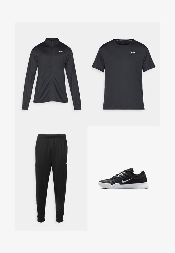 Black athletic jacket with long sleeves, collar, and full zipper. Features a subtle Nike logo in white on the upper left chest. Smooth texture.; Black Nike running T-shirt made of lightweight, breathable material, featuring short sleeves and a small white logo on the chest.; Black athletic pants made of smooth fabric, featuring an elastic waistband, tapered legs, and a small white logo on the left side.; Black athletic shoe with a textured upper, white Nike swoosh, and a white rubber outsole. Features a lace-up design and dynamic shape.