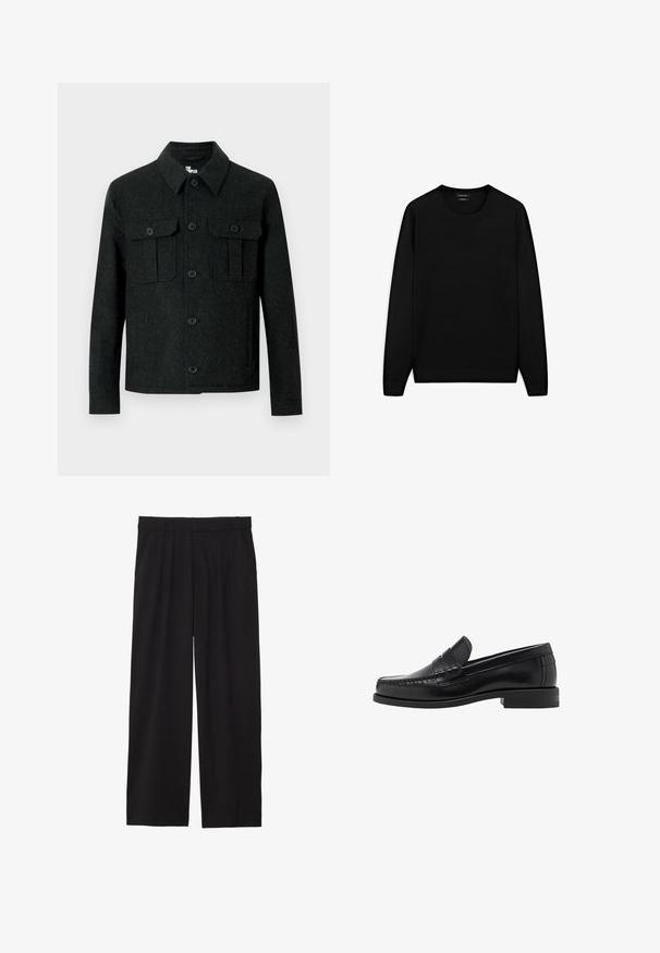 Czarna wełniana kurtka z długimi rękawami, szpiczastym kołnierzem, zapięciem na guziki oraz dwoma kieszeniami na piersi z patkami na guziki na białym tle.; Czarny sweter z długim rękawem i okrągłym dekoltem. Wykonany z miękkiego materiału, o klasycznym kroju z ribbowanymi mankietami i dołem. Bez wzorów ani akcentów.; Szara, długosleeve koszula zapinana na guziki, wykonana z gładkiego bawełnianego materiału. Posiada klasyczny kołnierzyk i zaokrąglony dół oraz sześć ciemnych guzików z przodu.; Czarne spodnie w stylu szerokich nogawek z plisowanym przodem, bocznymi kieszeniami i gładką teksturą materiału. Zaprojektowane w luźnym kroju.; Czarne skórzane mokasyny o gładkim wykończeniu, ze stębnowaniem na nosie i niskim obcasem, zapewniającymi komfort i styl.