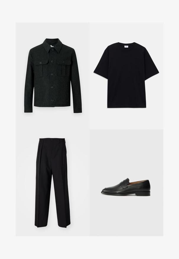 Svart yllemorgonrock med långa ärmar, spetsig krage, knäppning framtill och två bröstfickor med knappflikar mot en vit bakgrund.; Svart kortärmad oversized T-shirt med rund halsringning och synlig Filippa K-märkesetikett inuti kragen.; Svarta plisserade byxor med en rak, bred bendesign. Tillverkade av ett slätt tyg, med knäppning fram och bälteshällor.; Svart läderloafersko med rund tå, subtila sömnadsdetaljer och låg klack, med en jämn yta och minimalistisk design.