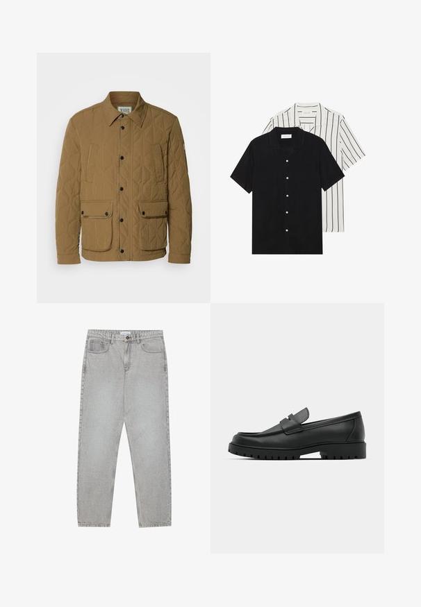 Quiltet jakke i mørk beige, med spids krave, sorte trykknapper og fire lommer med kontraststing. Blød, tekstureret stof.; To korteærmede skjorter: en ensfarvet sort og en hvid med sorte lodrette striber. Begge har knaplukninger og en klassisk krave.; Lysegrå denimbukser med lige ben, fem lommer og knaplukning. Synlig syning langs sømmene.; Sorte læder loafers med rund tå, der har et syet design, lav platformssål og en struktureret, skridsikker gummisål.