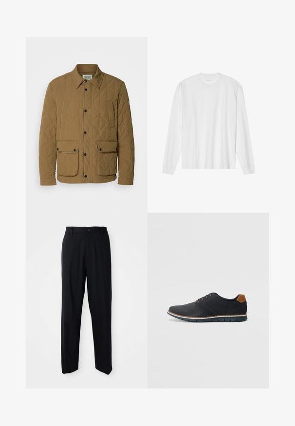 Quilted jacket in dark beige, featuring a pointed collar, black snap buttons, and four pockets with contrasting stitching. Soft, textured fabric.; Long-sleeve white cotton t-shirt with a crew neck and ribbed cuffs. Simple, unembellished design, featuring smooth texture and standard fit.; Black straight-leg trousers with belt loops, button closure, and a sleek, minimal design on a neutral background.; Black synthetic shoes with a textured upper, smooth accents, brown heel, and a contrasting sole. Features minimal lacing and stitch details.