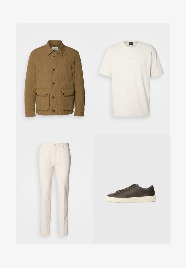 Pufasta jakna v temno bež barvi, z izstopajočim ovratnikom, črnimi pritisnimi gumbi in štirimi žepi s kontrastnim šivanjem. Mehka, teksturirana tkanina.; BOSS TEE - Navadna majica - open white; Svetlo bež tailored hlače narejene iz mehkega blaga. Imajo gumb zapiranje, zanke za pas in tanek, ravno krojen dizajn z minimalno teksturo.; Temno rjavi usnjeni športni copat z teksturirano površino, belim gumijastim podplatom in ravnimi vezalkami. Minimalistična zasnova brez vidnih logotipov.