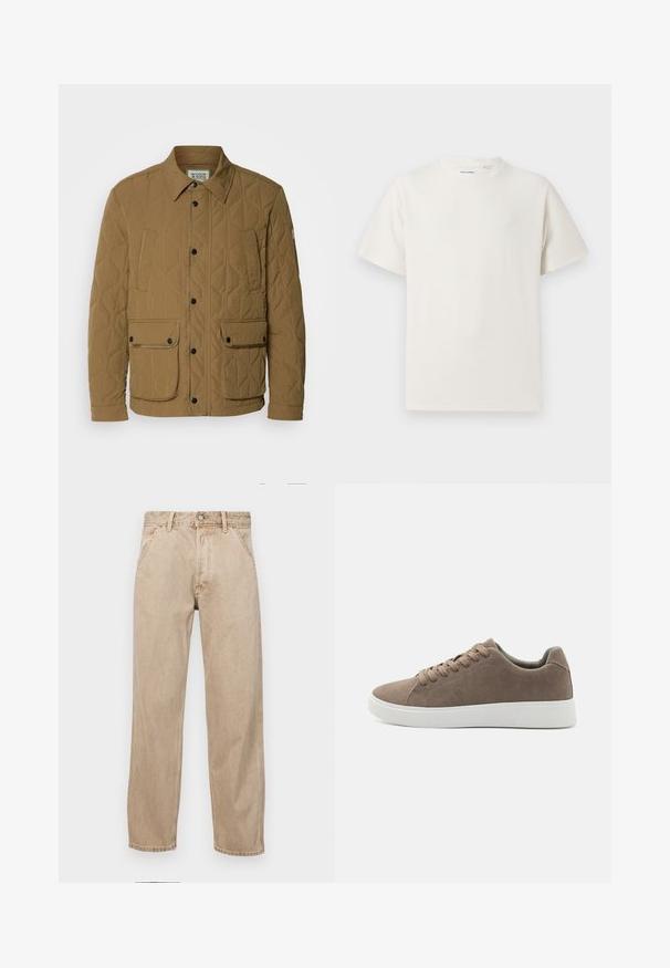 Quiltet jakke i mørk beige, med spids krave, sorte trykknapper og fire lommer med kontraststing. Blød, tekstureret stof.; Hvid kortærmet T-shirt i ribbet tekstur. Rund halsudskæring, løs pasform, ingen synlige mønstre eller accenter. Enkel og alsidig design.; Beige denimjeans med lige bendesign, med forlommer, metalknaplukning og subtil struktur.; Brune ruskinds sneakers med flade hvide gummisåler, snørelukning, rund tå og en glat overflade. Minimalistisk stil med diskrete syninger.