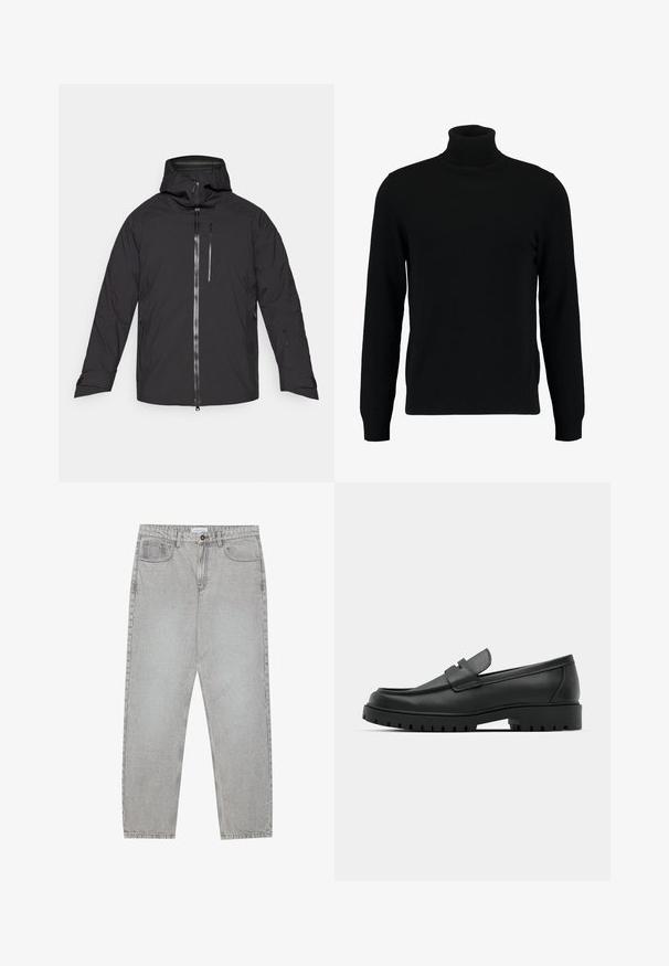 CMP MAN JACKET FIX HOOD - Ski jacket - nero; Black turtleneck sweater made of a soft knit material. Features long sleeves, ribbed collar, and hem. Simple, sleek design without patterns.; Light grey denim pants with a straight-leg design, five-pocket styling, and a button closure. Visible stitching along the seams.; Black leather loafers with a rounded toe, featuring a stitched design, low platform sole, and a textured, lugged rubber outsole.